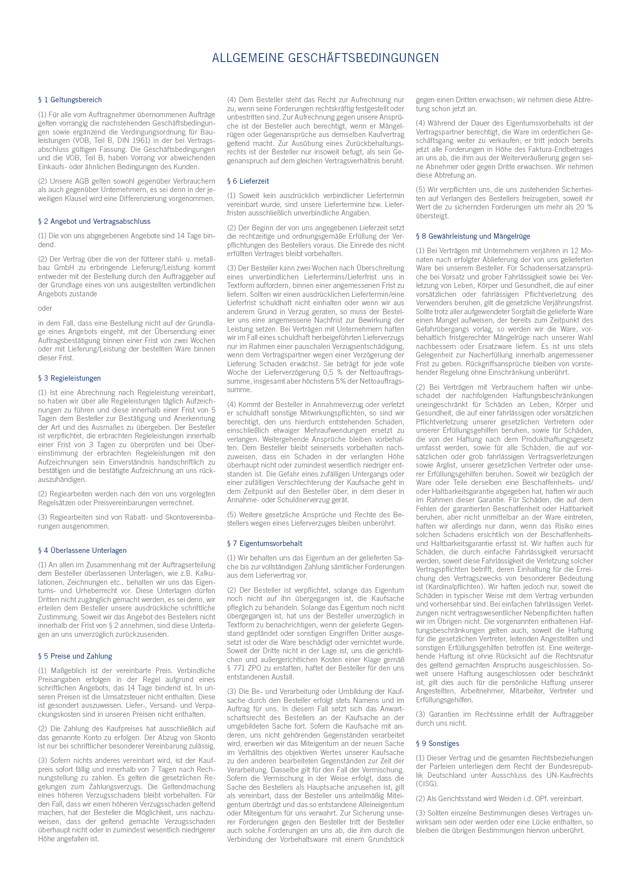 Allgemeine Geschäftsbedingungen der fütterer stahl- und metallbau GmbH