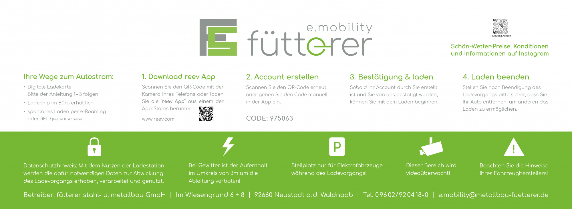 Infotafel der fütterer e.mobility Ladestation mit Anleitung zur Nutzung