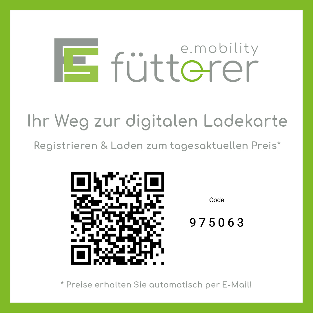 QR-Code und Registrierungscode für die digitale Ladekarte der fütterer e.mobility