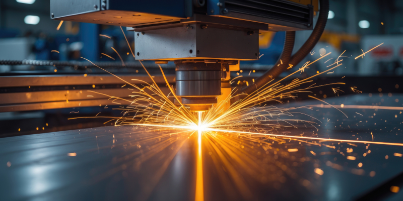 Plasmaschneidanlage schneidet Metallplatte mit hellen Funken