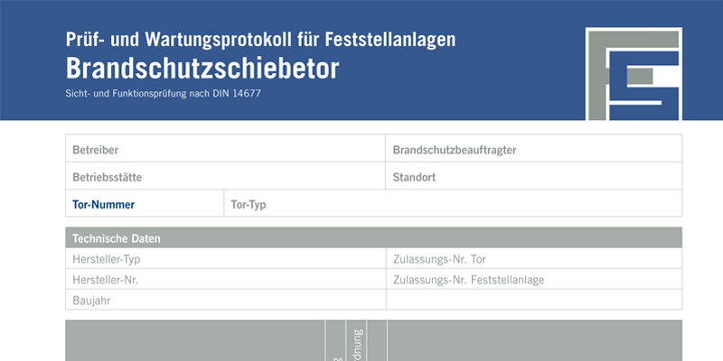 Prüfprotokoll für Brandschutzschiebetor nach DIN 14677