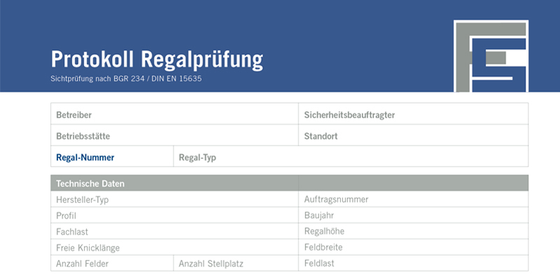Prüfprotokoll zur Regalprüfung nach BGR 234 und DIN EN 15635