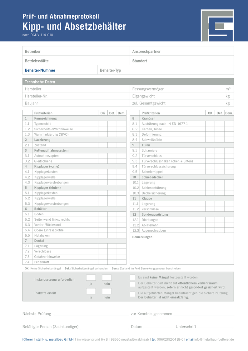Prüfprotokoll für Kipp- und Absetzbehälter nach DGUV 114-010