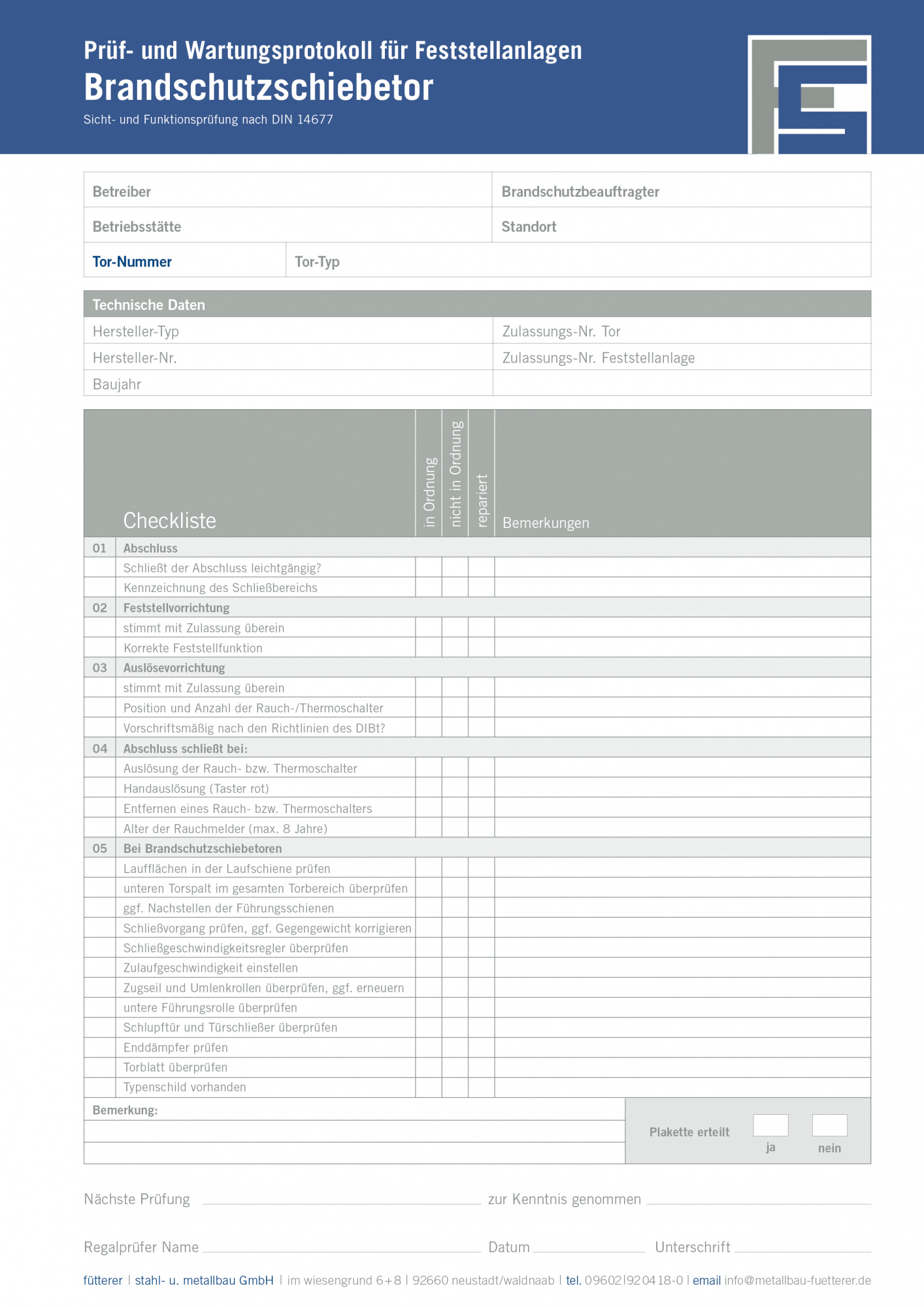 Prüfprotokoll für Brandschutzschiebetor nach DIN 14677