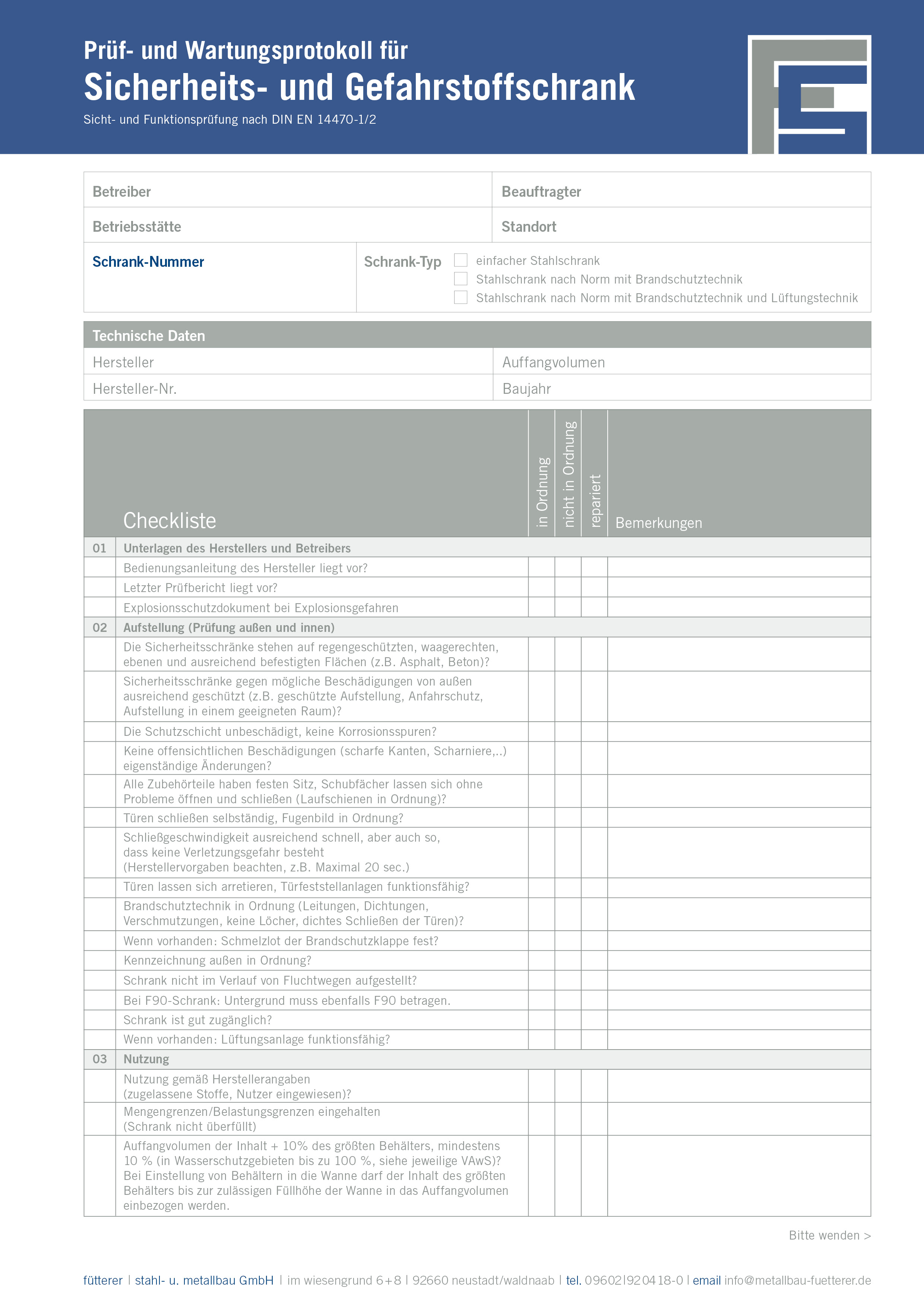 Prüfprotokoll für Sicherheits- und Gefahrstoffschrank nach DIN EN 14470
