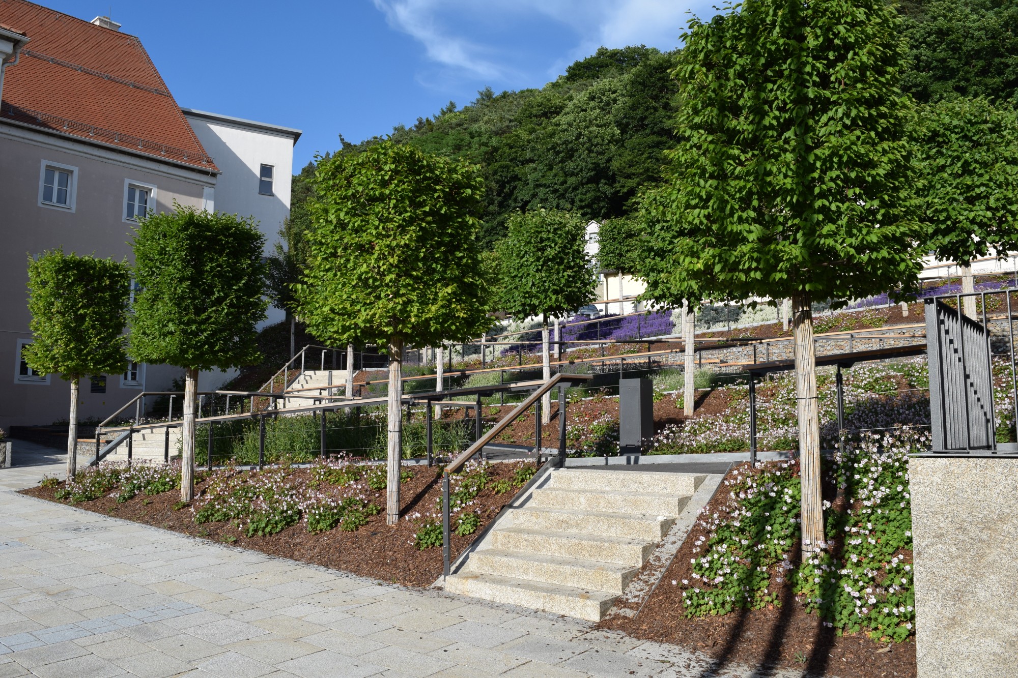 Treppenanlage mit Metallgeländer und Bepflanzung am Kulturhaus