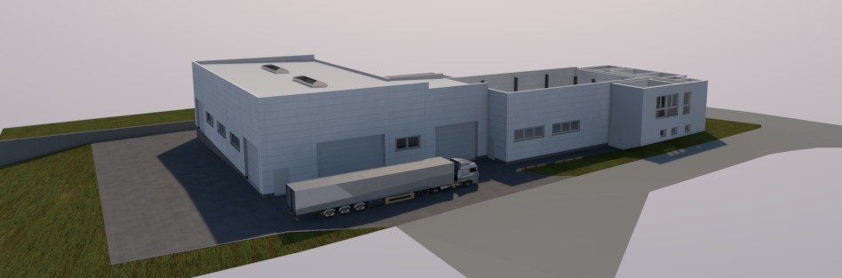 3D-Visualisierung des erweiterten Firmengeländes mit Werkhalle II