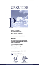 Urkunde der Handwerkskammer über die Mitgliedschaft als Feinwerkmechaniker